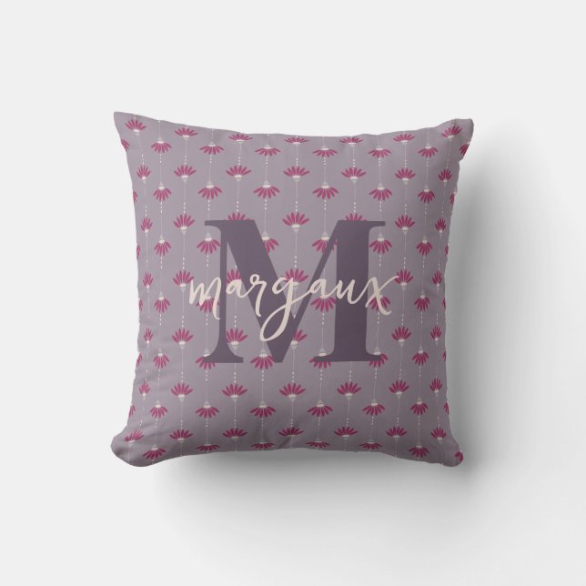 Reversible Lilac Boho Floral Personalized Monogram Throw Pillow (Front)