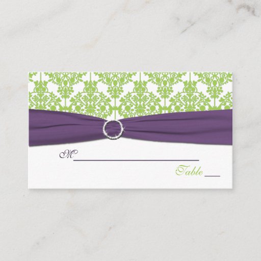 Customizable Reversible Lime and Purple Damask Placecards Business Card Templates