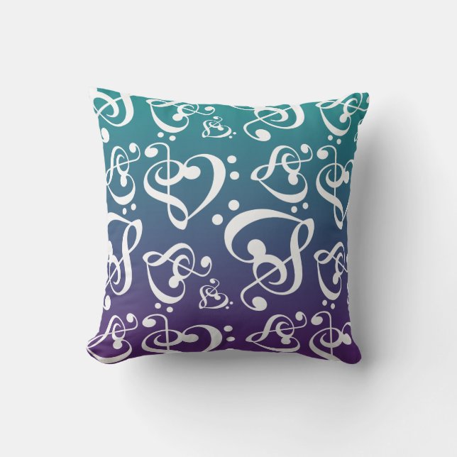 Reversible Music Hearts Teal & Purple Ombre Throw Pillow (Front)