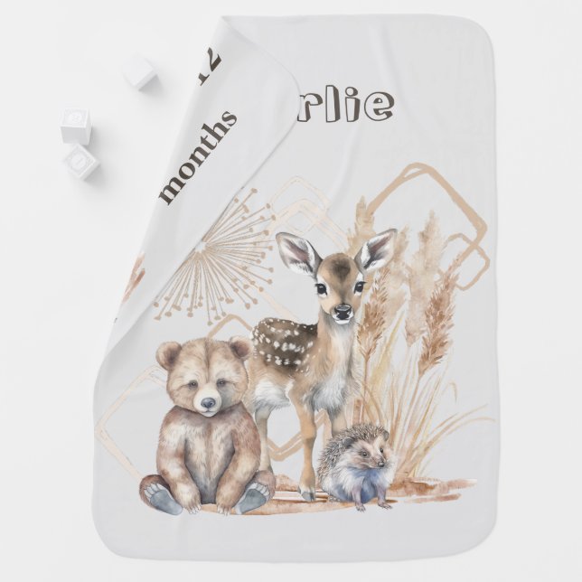 Reversible Name Boho Woodland Animal Milestone Baby Blanket (In Situ)
