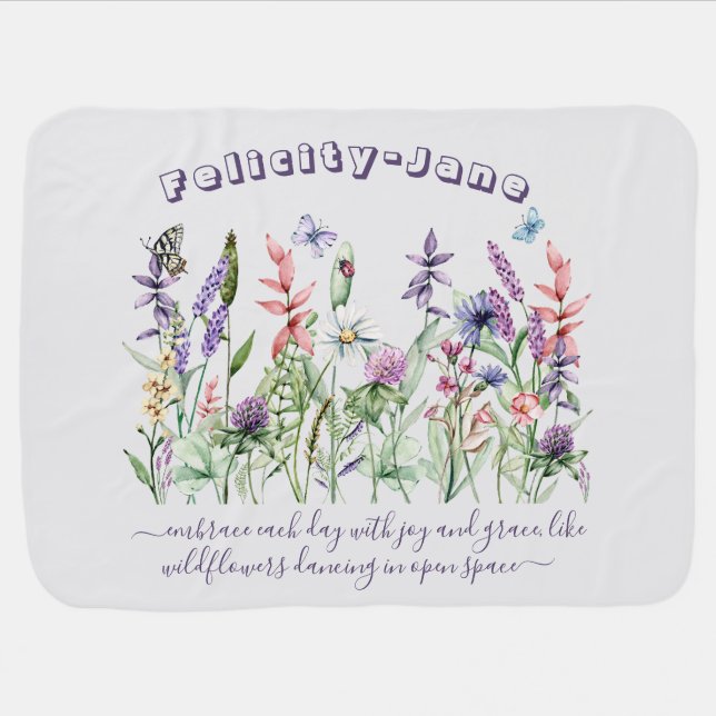 Reversible Name Milestone Butterfly Wildflower Baby Blanket (Horizontal)