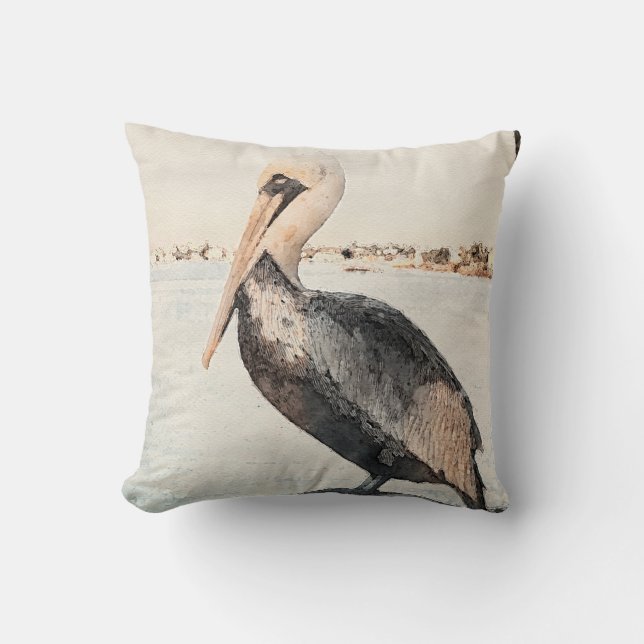 Reversible Pelican Watercolor and Beach Pillow (Front)
