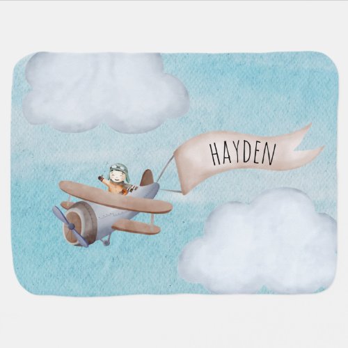 Reversible personalized watercolor airplane baby blanket