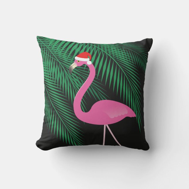 Reversible Pink and Black Santa Flamingo Pillow 2 (Front)