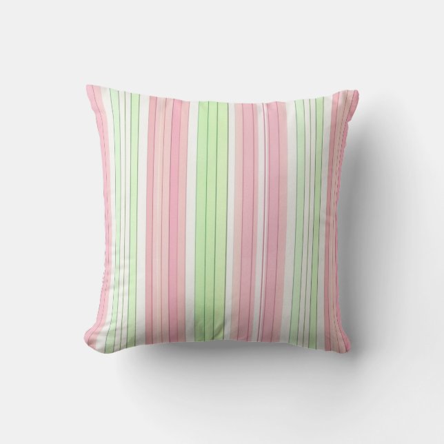 Reversible pink and green stripe and flowers  throw pillow (Front)