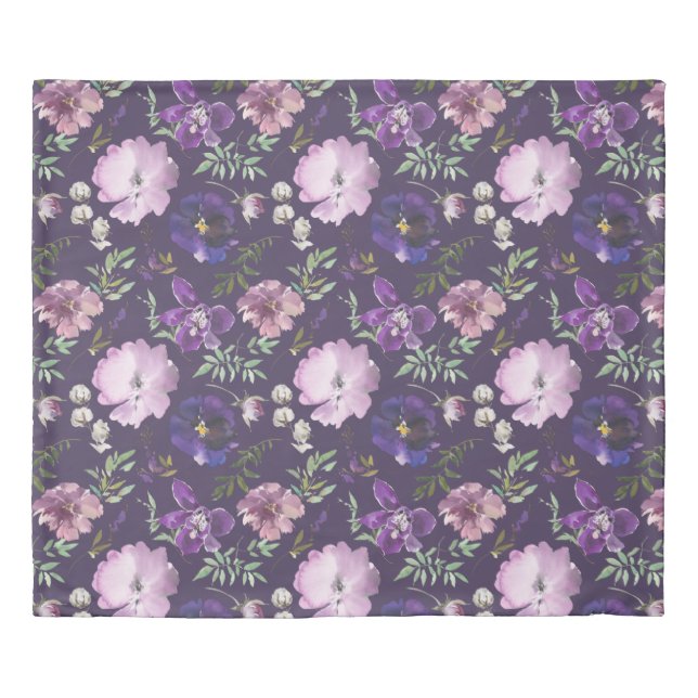 Reversible Purple Floral Elegant Watercolor  Duvet Cover (Front)
