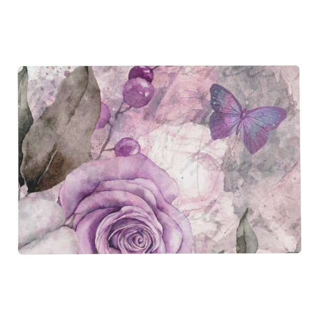 Reversible Purple Watercolor Rose and Butterfly  Placemat (Front)