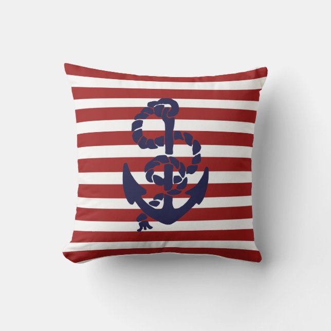 Reversible Red Blue Anchor Outdoor Throw Pillow (Front)