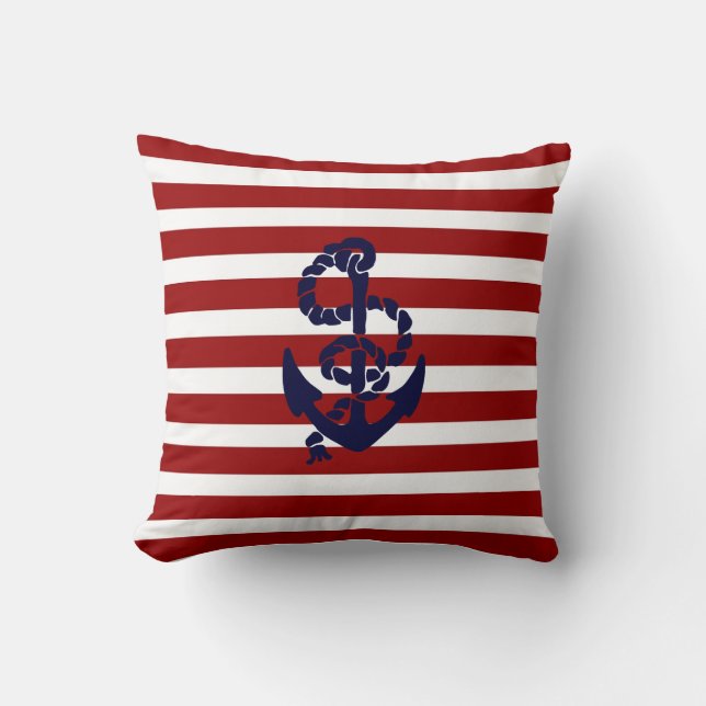 Reversible Red Blue Nautical Anchor Throw Pillow (Front)