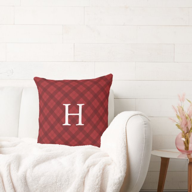 Reversible Red or Green Plaid Monogram Christmas Throw Pillow (Couch)