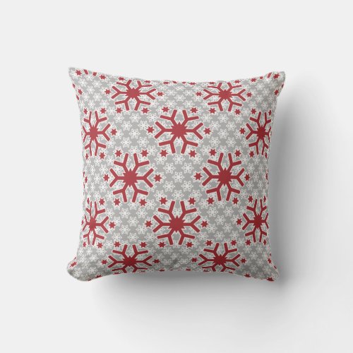 Reversible red snowflakes pattern grey winter throw pillow