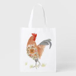 Reversible Rooster Floral Watercolor  Grocery Bag