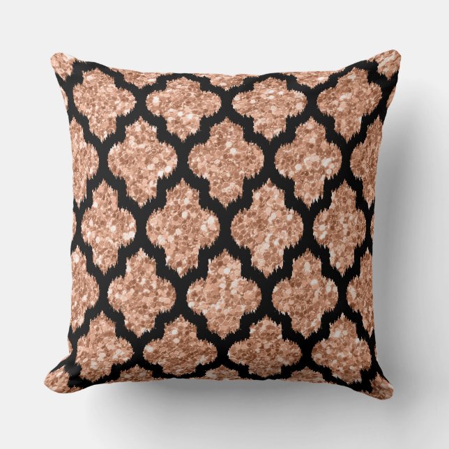 Reversible Rose Gold Glitter & Black Quatrefoil Throw Pillow (Front)
