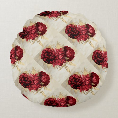 Reversible rose red purple antique look botanical  round pillow