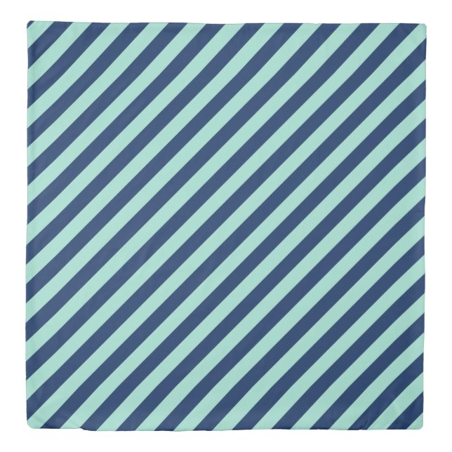 Reversible Seafoam Green and Navy Blue Stripes Duvet Cover (Front)