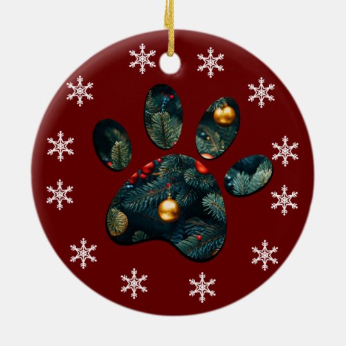 Reversible Snow Holiday Christmas Dog Paw Ceramic Ornament