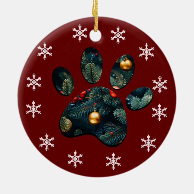 Reversible Snow Holiday Christmas Dog Paw Ceramic Ornament (Back)