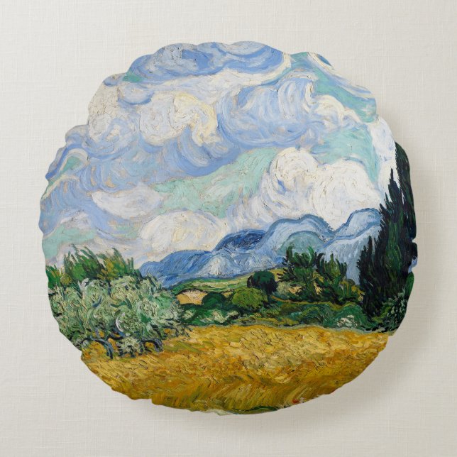 Reversible Van Gogh Wheat Field with Cypresses Round Pillow (Front)