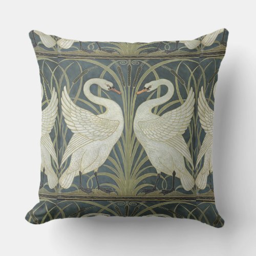 Reversible Vintage Walter Crane Swan Rush and Iris Outdoor Pillow