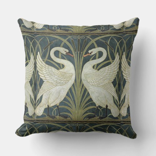 Reversible Vintage Walter Crane Swan Rush and Iris Throw Pillow