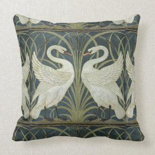 Reversible Vintage Walter Crane Swan Rush and Iris Throw Pillow