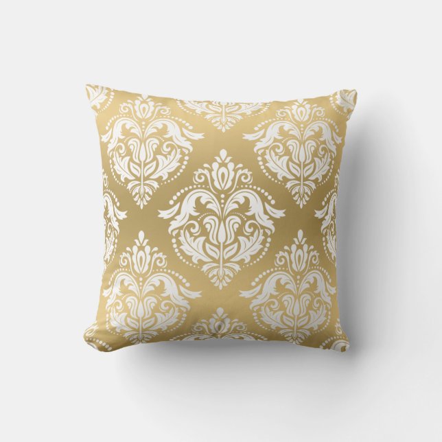 Reversible White & Gold Damasks Throw Pillow (Front)