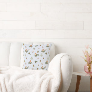 Reversible Winter Robin Pillow: Blue & Ivory Throw Pillow