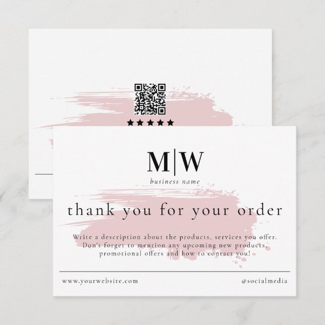 Review Order Packaging Insert Pink Monogram Info Thank You Card (Front/Back)
