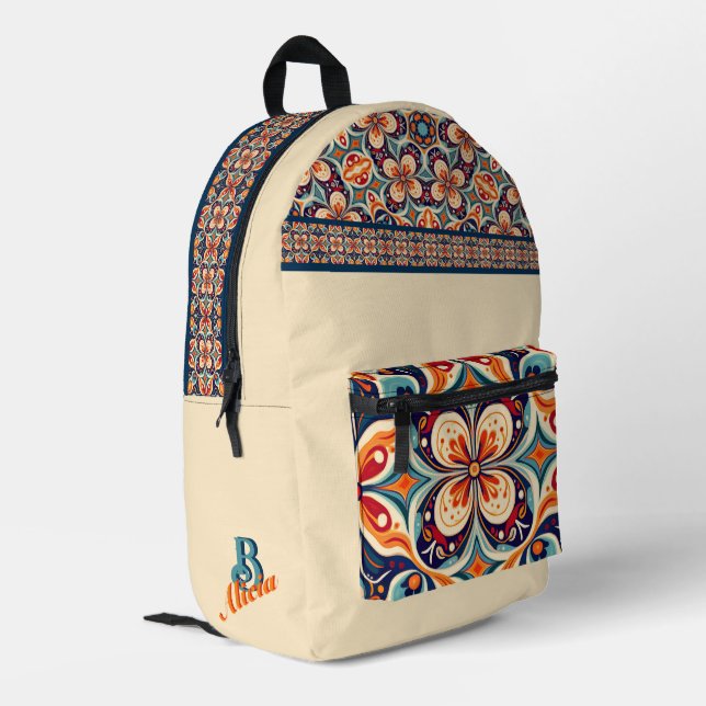Revisited Mexican folk art floral personalized  Printed Backpack (Back Corner Left)