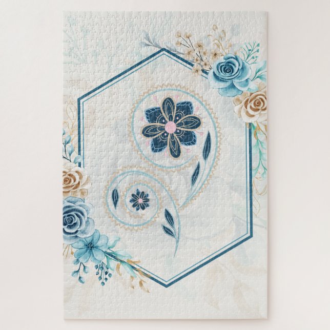 "Revitalizing Life" Blue Teal Floral Art Jigsaw Puzzle (Vertical)
