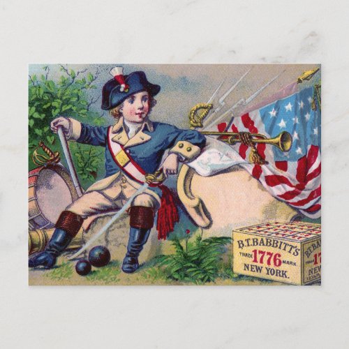 Revolutionary War patriotic boy flag vintage art Postcard