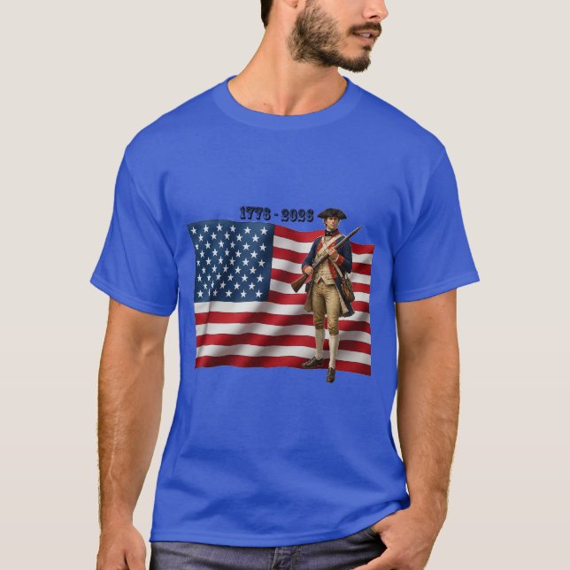 Revolutionary War Soldier & American Flag 250 URM T-Shirt (Front)