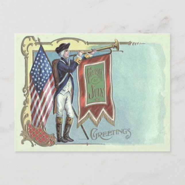 Revolutionary War Soldier American Flag Horn Postcard (Front)