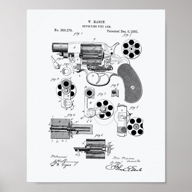 Revolving Fire Arm 1881 Patent Art - White Paper Poster (Front)