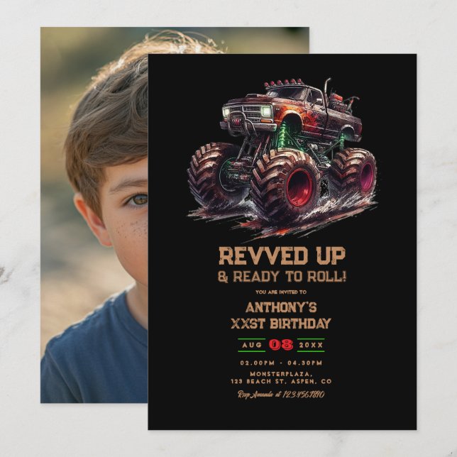 Revved Up Monster Truck Birthday Photo Invitation (Front/Back)