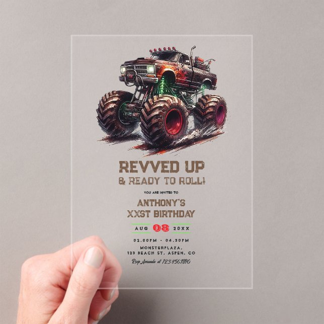 Revved Up & Ready to Roll! Monster Truck Birthday  Acrylic Invitations (Insitu (Handheld))