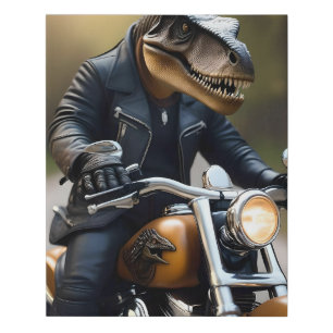 **"Revved Up Rex: T-Rex in Leathers on a Motorbike Faux Canvas Print