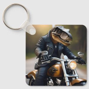 **"Revved Up Rex: T-Rex in Leathers on a Motorbike Keychain