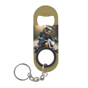 Revved Up Rex: T-Rex in Leathers on a Motorbike, Keychain Bottle Opener