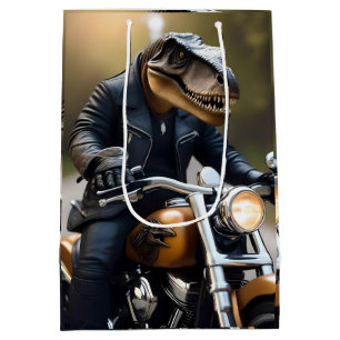 **"Revved Up Rex: T-Rex in Leathers on a Motorbike Medium Gift Bag