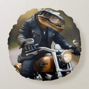 **"Revved Up Rex: T-Rex in Leathers on a Motorbike Round Pillow