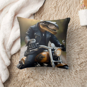 **"Revved Up Rex: T-Rex in Leathers on a Motorbike Throw Pillow