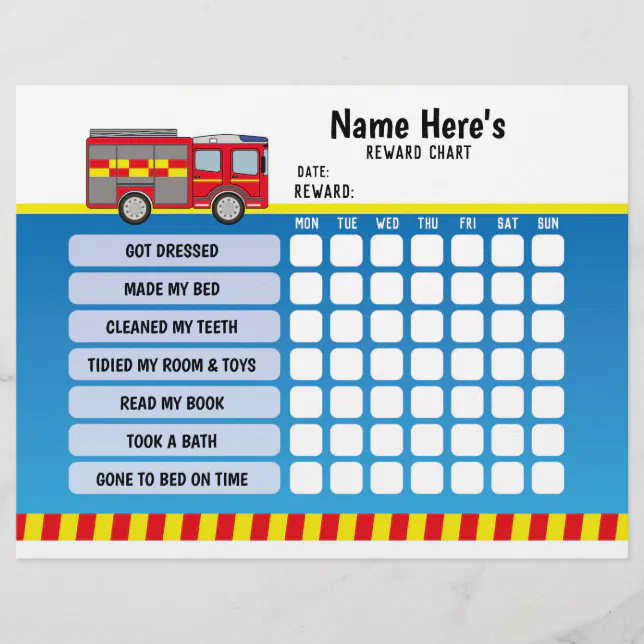 Reward Chart Personalised Fire Truck Planner Kids Flyer | Zazzle
