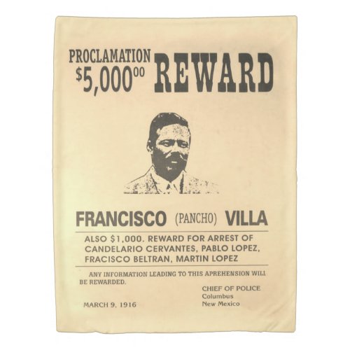 Reward Poster Francisco Pancho Villa Mexican Hero Duvet Cover