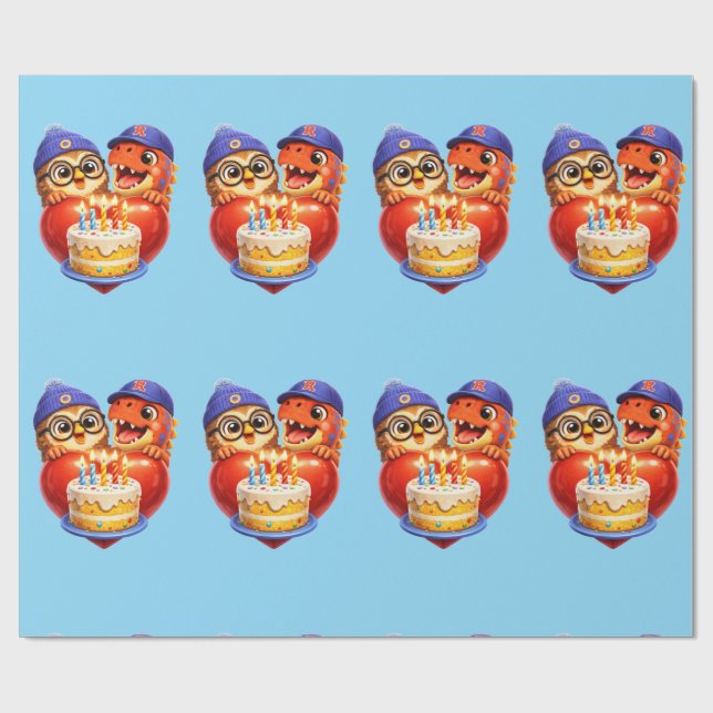 Rex and hoot birthday cake wrapping paper, cute ch paper (Flat)