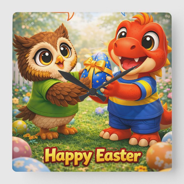 Rex and hoot happy Easter square acrylic wall cloc Clock (Front)
