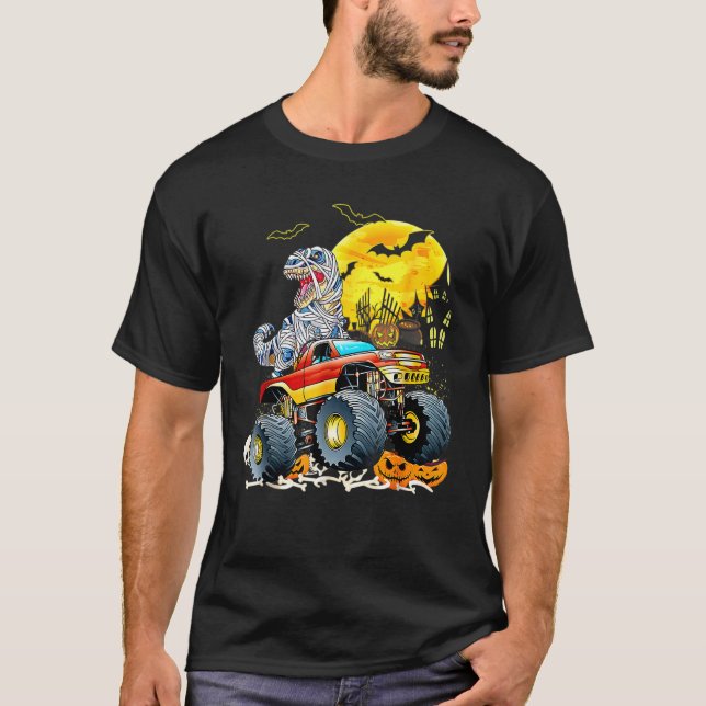 Rex Saurus Riding Monster Truck Happy Halloween 2 T-Shirt (Front)