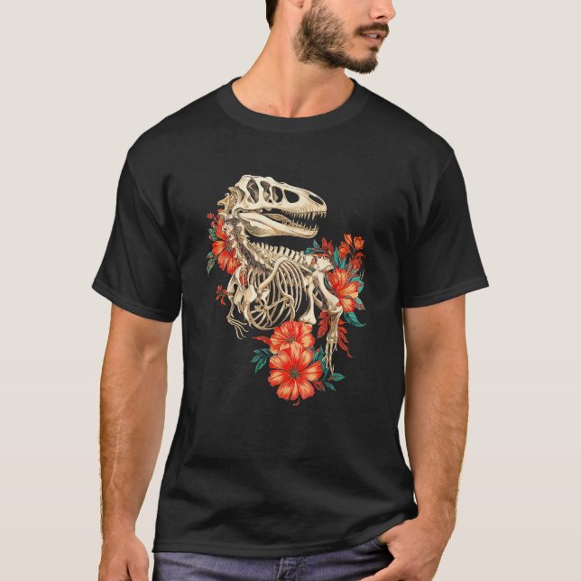 Rex Skeleton Bones Flowers Dino Paleontology Dinos T-Shirt (Front)