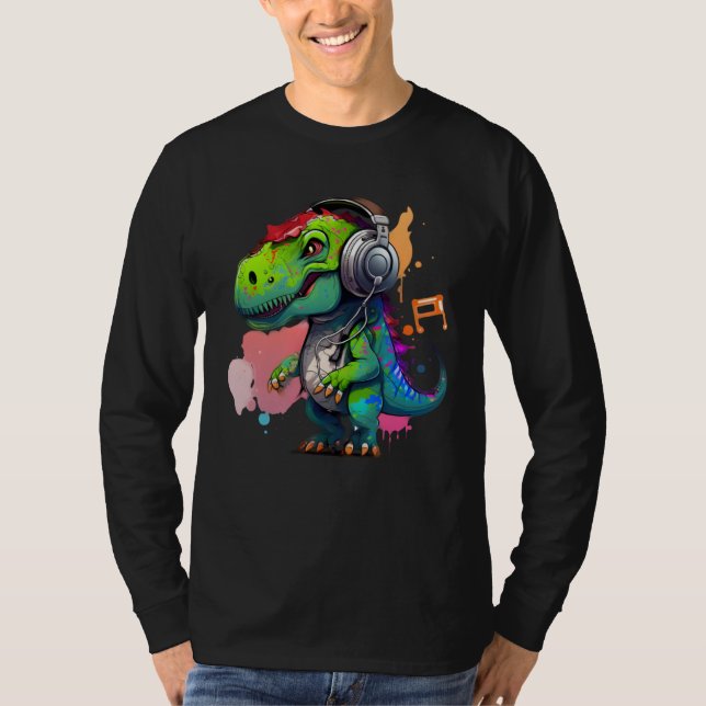 rex with headphones music cute dinosaur for kids T-Shirt (Front)
