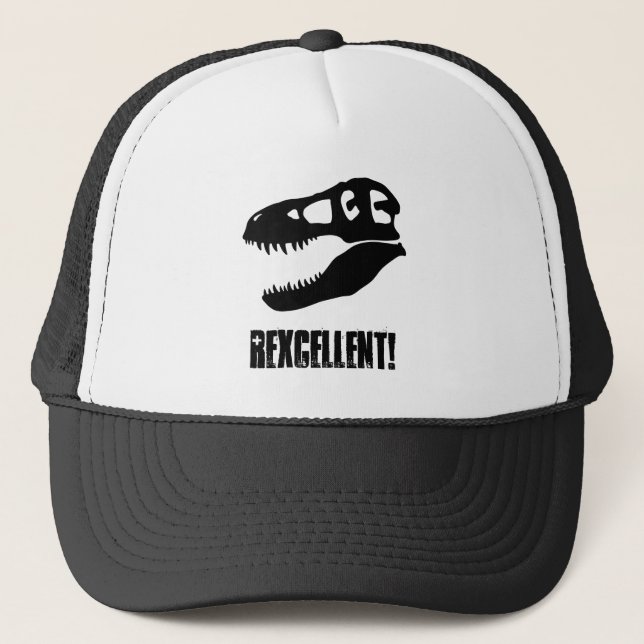 "Rexcellent!" T. rex Dinosaur Skull Printed Trucker Hat (Front)